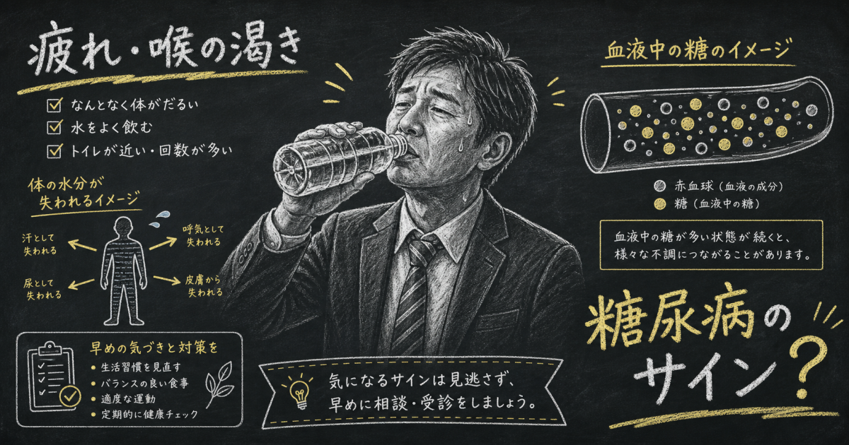 疲れと喉の渇きは糖尿病のサイン？忙しい40代の受診目安
